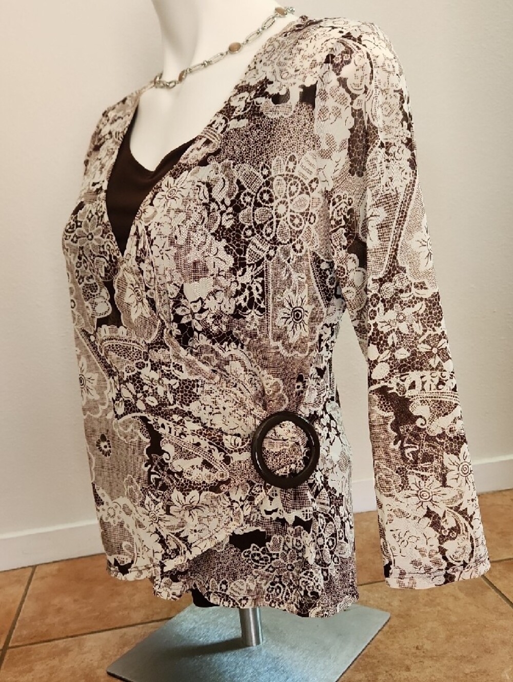 Notations Brorns and Cream Floral Wrap-Style Blouse Size M - Picture 3 of 9